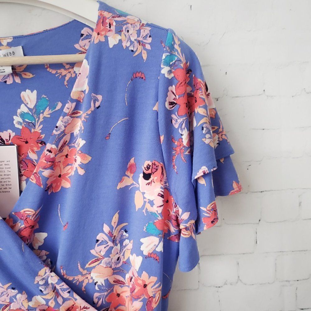 NEW Tabitha Webb Surplice Bodice Blue Floral Dress Size L Flutter Sleeve Stretch - Picture 3 of 7